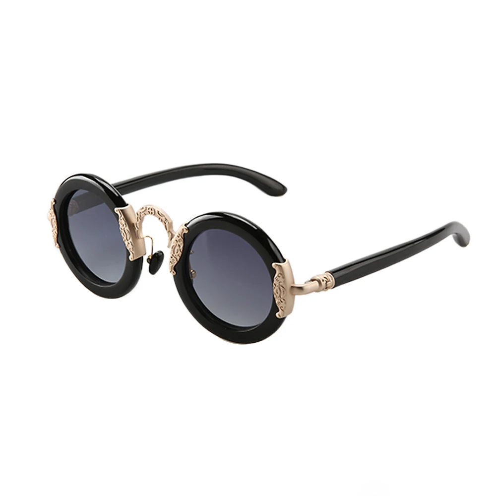 Fashion metal carved round frame women's sunglasses leisure vacation women's sunglasses natural horn custom