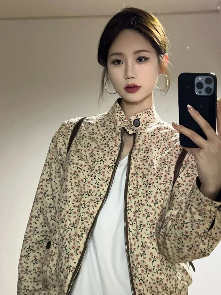 Spring Autumn Floral Jacket Women Vintage Double Sided Wear Casual Zipper Jackets Long Sleeve Stand Collar Office Lady Coats New