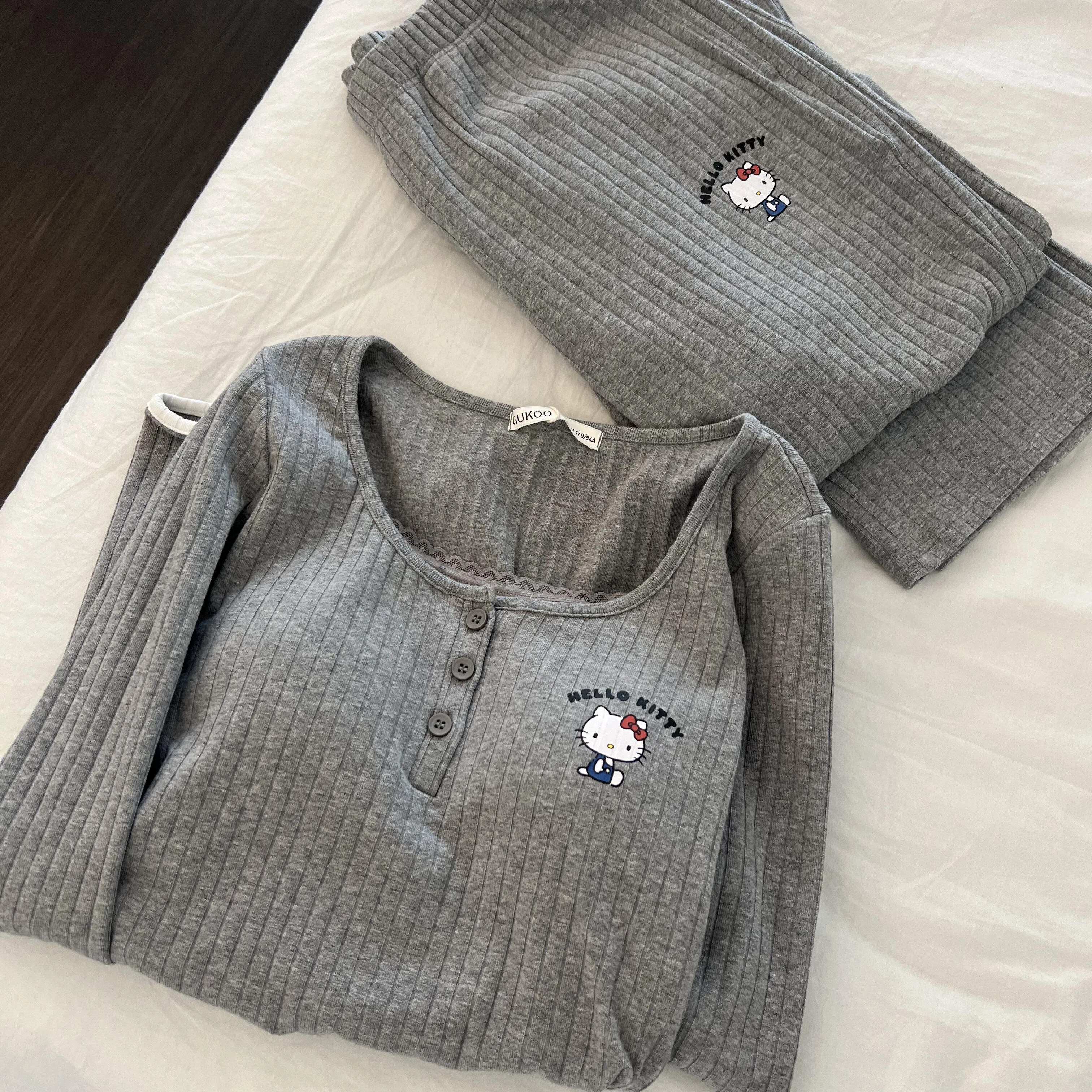 Kawaii مرحبا كيتي اللون الصدام كاذبة قطعتين وسادة الصدر حفرة المشارب طويلة الأكمام بيجامة الإناث ربيع الخريف Homewear دعوى #5