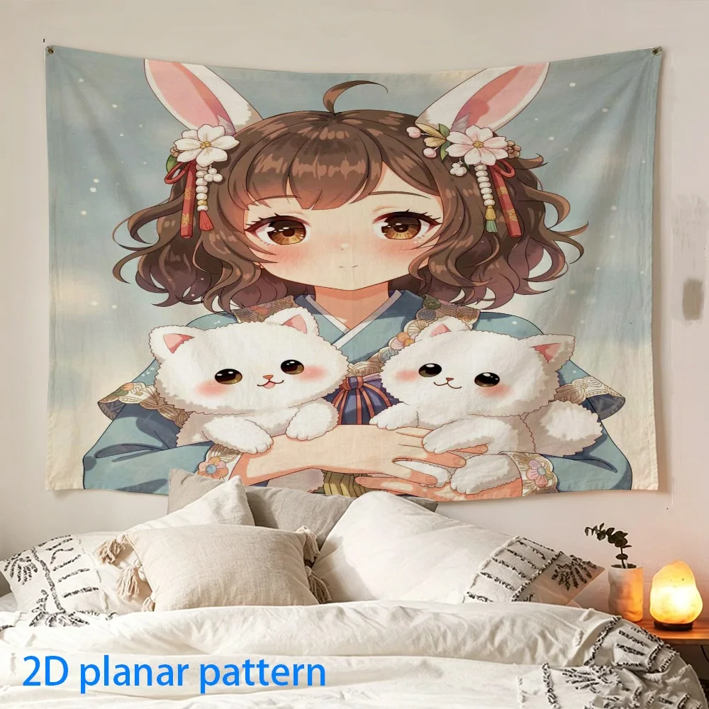 1pc Kawaii Anime Girl Rabbit Tapestry Poster, Horizontal Fabric Print Wall Hanging, Room Decor for Dorm Bedroom