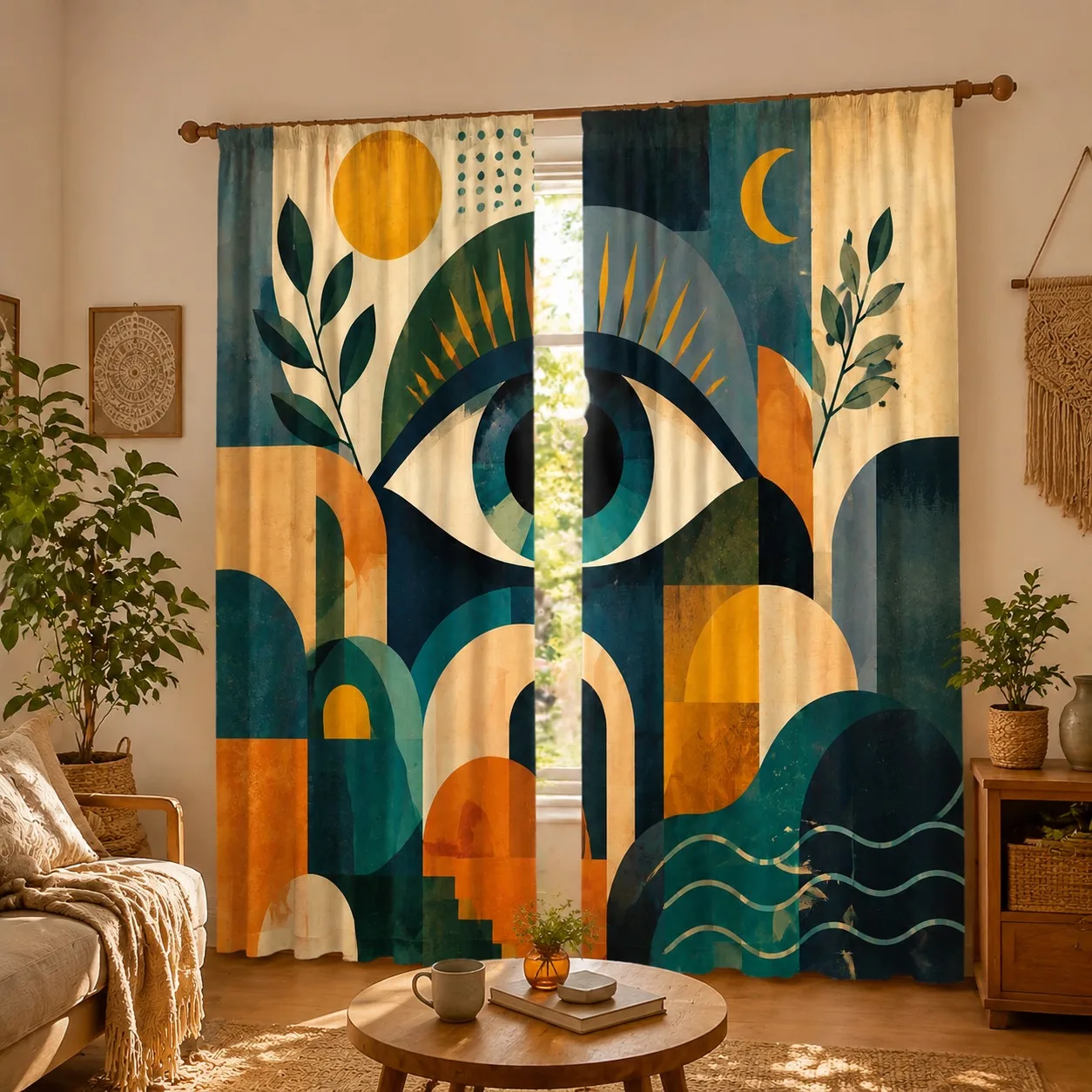 Geometric Eye Curtain Panels, Boho Abstract Evil Eye Plant Sun‑moon Retro Tone Print Drapes for Bohemian‑Style Apartment Decor