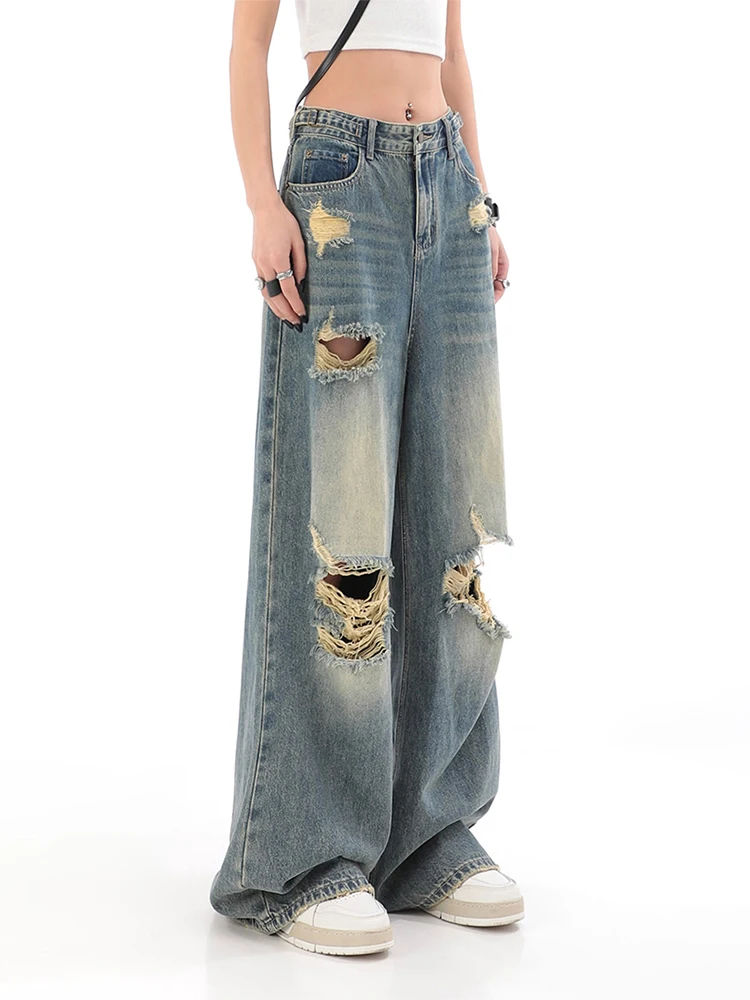 

American Style Retro Women Straight Ripped Jean Trousers High Waist Baggy Wide Leg Female Denim Pants Hip Pop Streetwear New