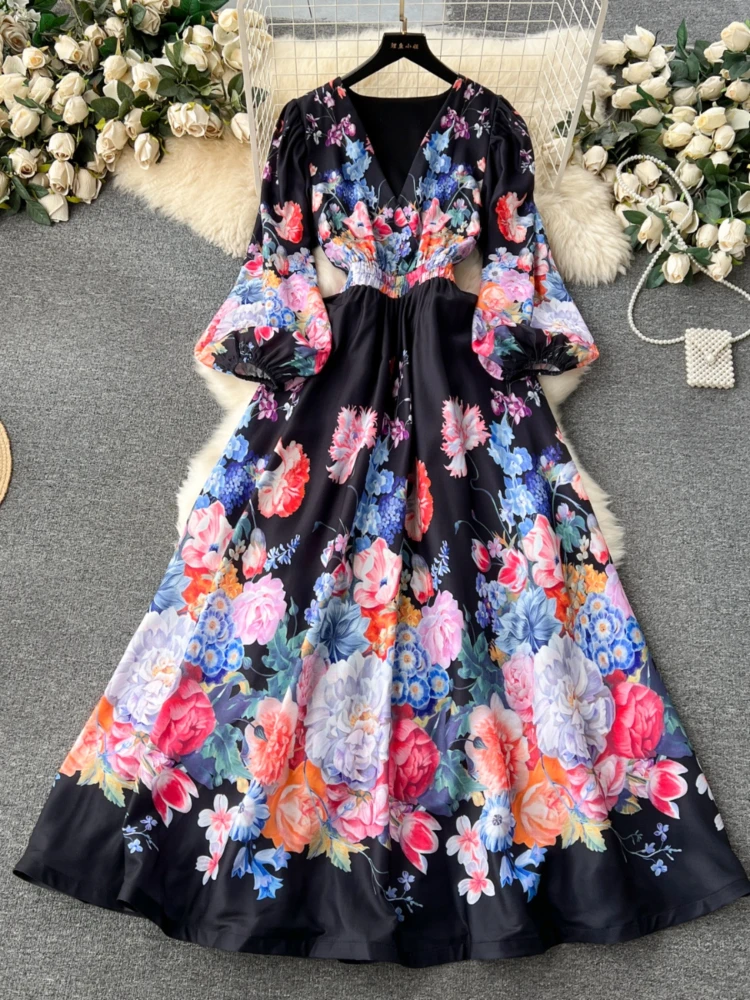 2024 Fashion V-neck Mid-Length Printed Dress for Women Lantern Sleeve Slim Waist Female A-line Dress Autumn Vintage Vestidos Wj