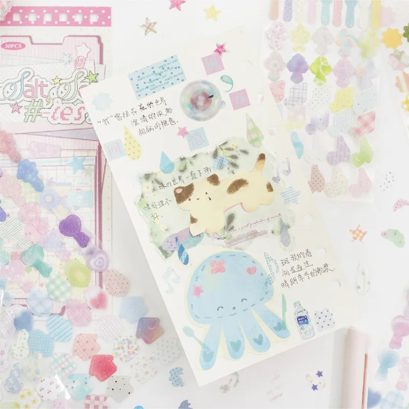 30 Sheets PET Cute Shapes Stickers, Multicolor Heart Star Key Bow Transparent Decals for Diary Planner Card‑making