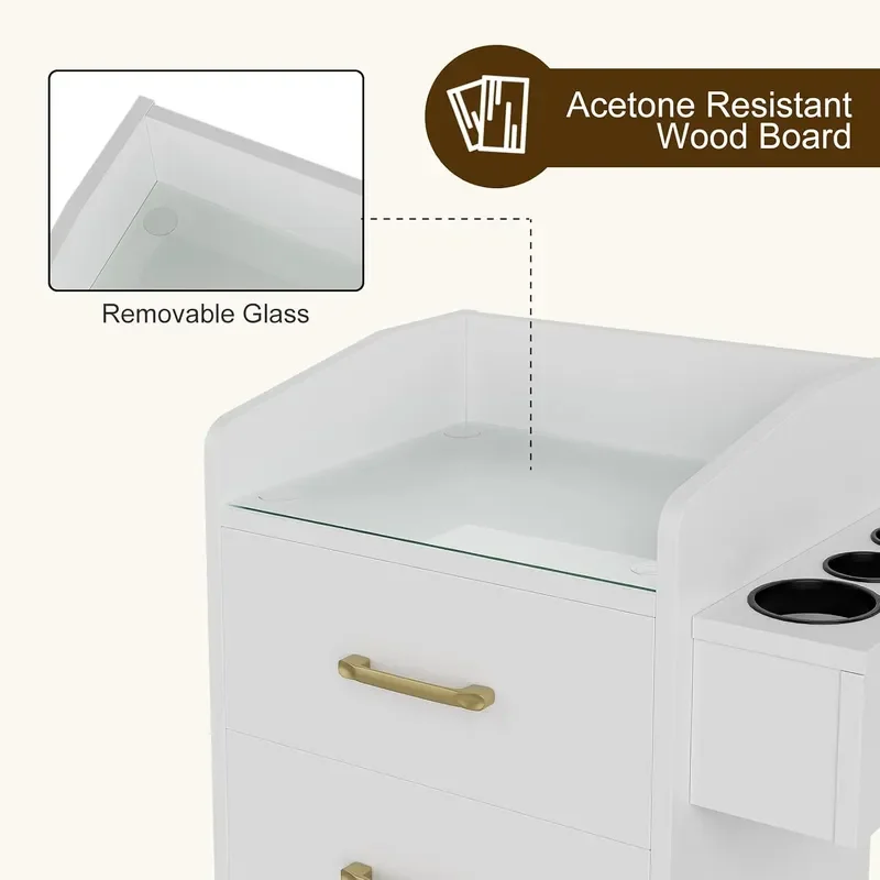 Beauty Salon Storage Trolley Cart Glass Top Hair Station Cabinet with Dryer Holder Lockable Rolling Wheels Drawer White