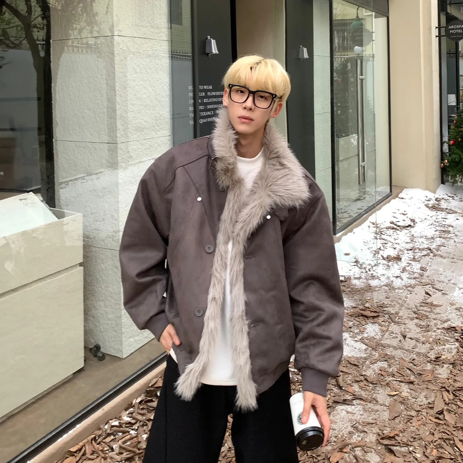 

American Retro Thiened Warm Cotton Jaet Men's ort Sle Inteated Fce Outerwear Winter Casual Loose Fit Coat