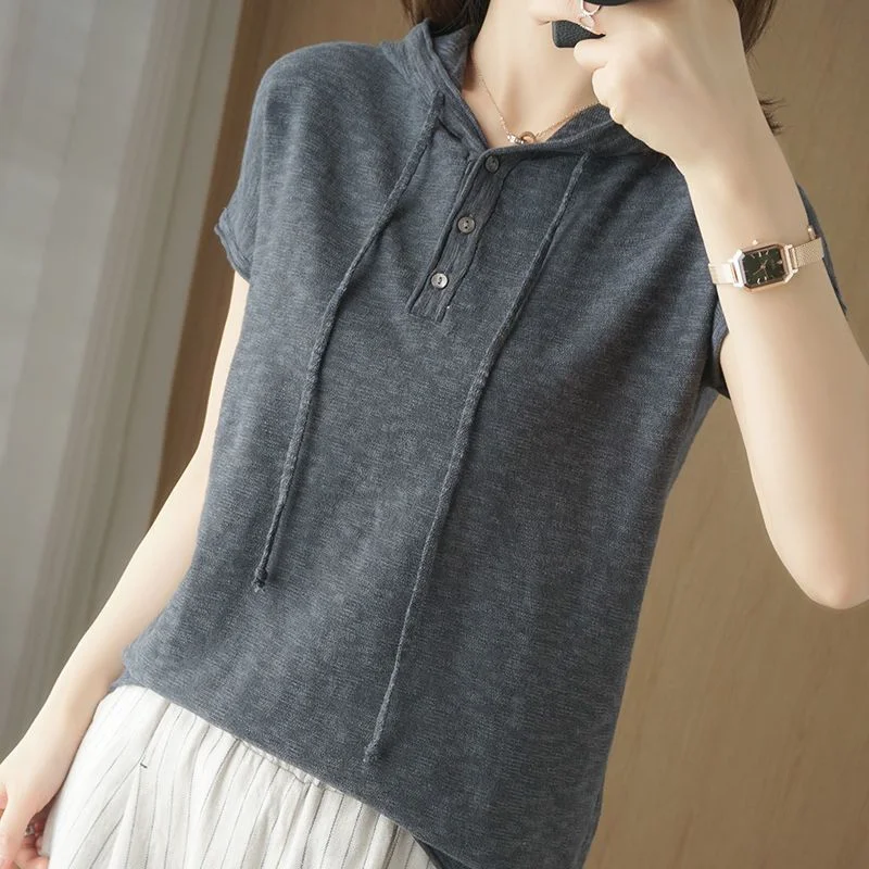 ,Women's Heather Gray Hooded Short Sleeve Half Button Placket Drawstring Loose Fit Knit Casual Top