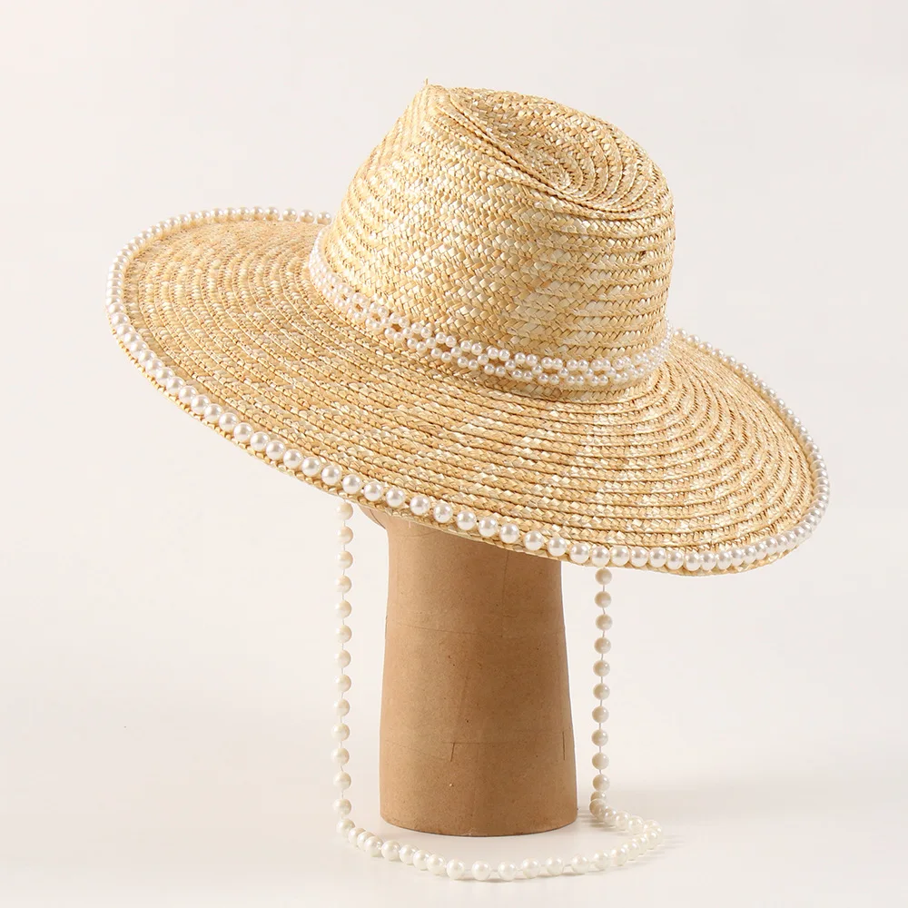Elegant Pearl Chain Straw Hat for Women, Wide Brim Wheat Sun Cap, Summer Panama Sun Protection Hat