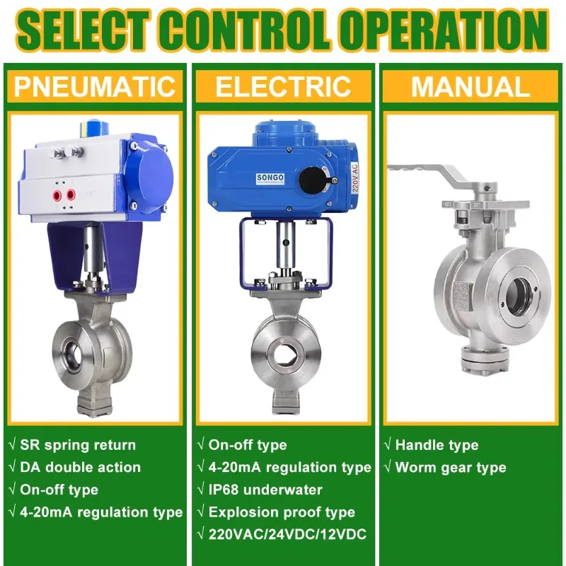 DN65 304 2 طريقة بمحركات الفولاذ المقاوم للصدأ رقاقة الصلب الزهر V نوع الجزء الكرة صمام مع المحرك الهوائي الكهربائي
