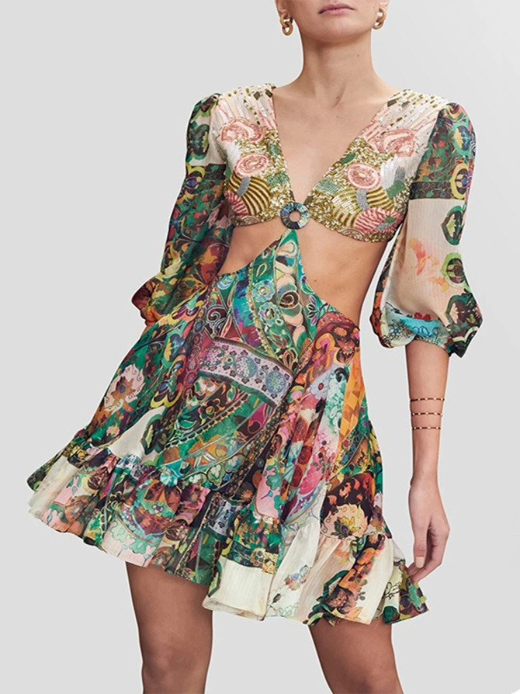 

2025 Summer New Women's Casual Fashion Print Short Skirt Sexy and Elegant Temperament V-neck Hollow Sling Dress Ladies