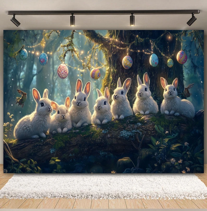 Spring Easter Backdrop Forest Bunny Egg Rabbit Flower Easter Day Kids Birthday Baby Shower Photography Background Photo Studio