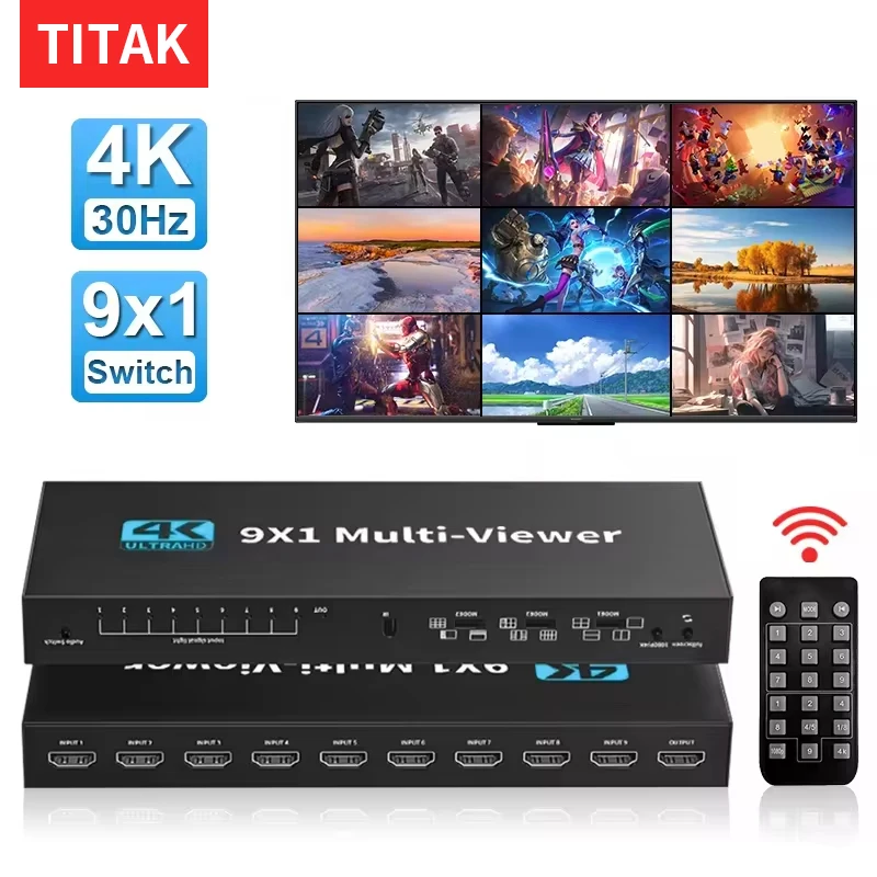 

4K 4x1 9x1 HDMI Quad Multiviewer 4 9 Screen 9x1 Seamless Switch 9 In 1 out with remoter for Camera Monitor Switch Adapter