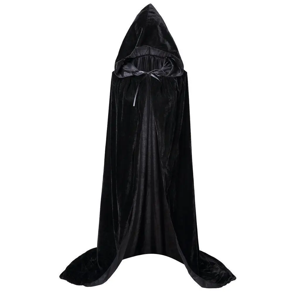 Halloweenowa cienka aksamitna peleryna peleryna z kapturem średniowieczny kostium czarownica Wicca wampir mężczyzna kobieta Unisex jednokolorowe Cosplay rekwizyty sceniczne