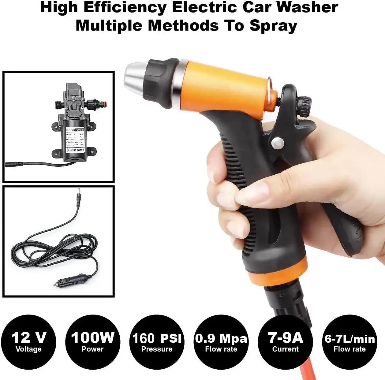 CAER 100W Portable 12v Car High Pressure Cleaning Pump Kit 160PSI Electric Wash Cleaner Garden Pet Cleaning Automotive Device