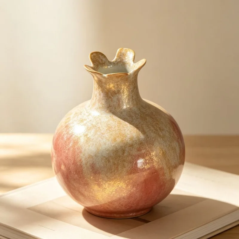 Pomegranate ceramic vase, hydroponic flower arrangement, light luxury high-end decorative dining table flower ornament