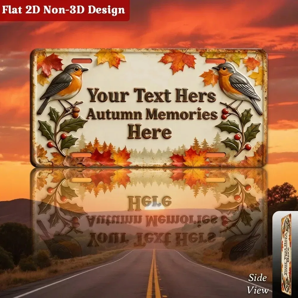 1pc 15×30cm 2D Flat Rustic Autumn Metal Sign, Bird Leaf Pattern Custom Text, Waterproof Wall Decor Ornament for Home Garden Gift
