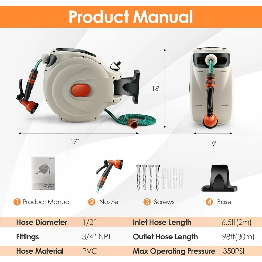 屋外庭園用格納式ホースリール 100フィート x 1/2インチ 高性能ウォーターホース 180度回転壁掛けブラケット付き F