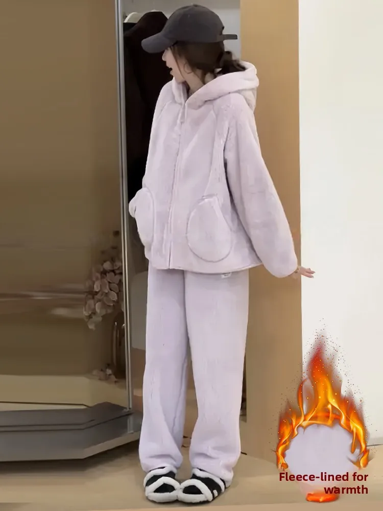 Thiened Fce Jaet de algodón con capucha y pantalones de pierna ancha Conjunto de dos piezas Conjunto de invierno cálido e informal para mujer