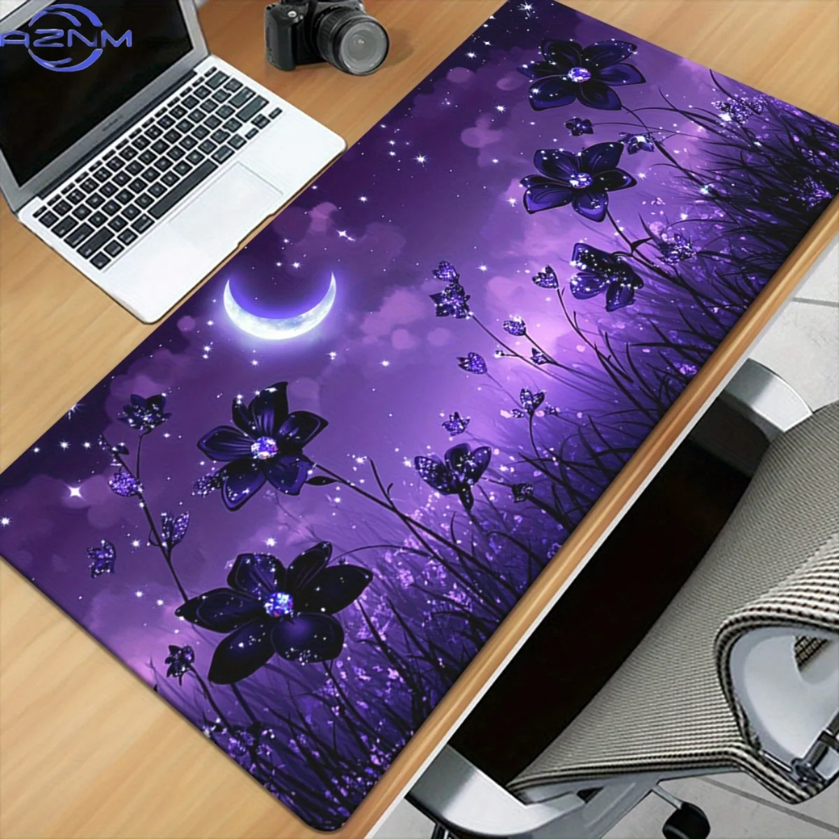1pc Purple Night Floral Silhouette HD Printed XXL Mousepad - Vibrant Desk Mat with Crescent Moon & Stars, Non-Slip Rubber Base,