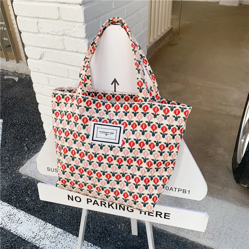 Vintage Women Corduroy Flower Handbag Cloth Bag hand carry bento bag Lady Casual Tote Bag Simple versatile bag