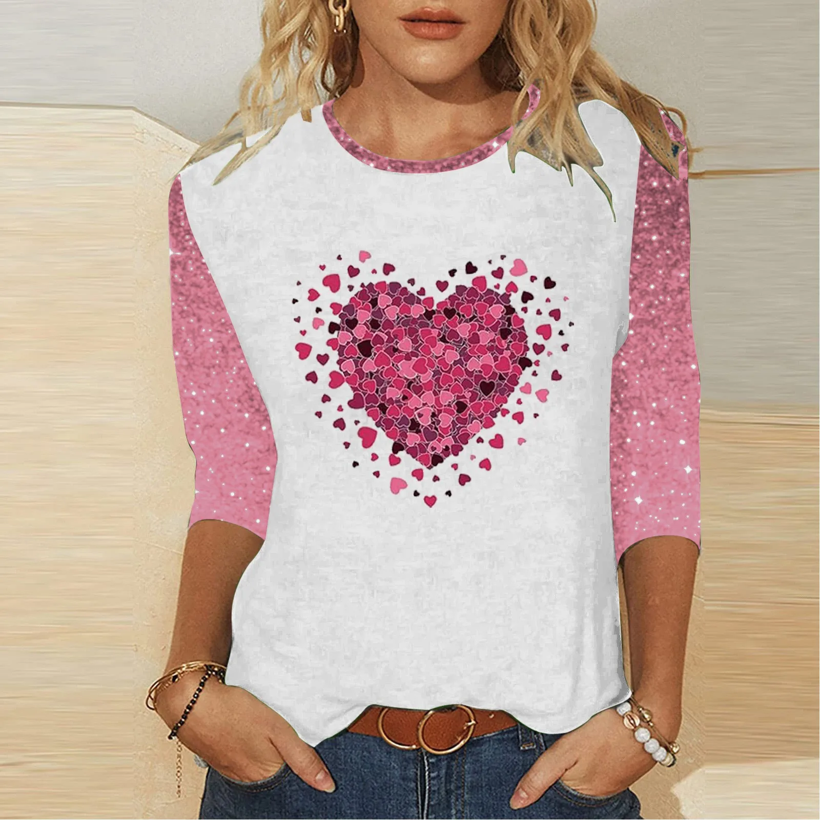 

Sparkly Sequin 3/4 Sleeve Women Sweatshirt Fashion Heart Love Cartooon Print Pullover Tops Valentine Gift T Shirt For Girlfriend