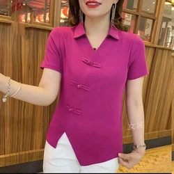 2024 Summer New Solid Color V-neck Women's Original Design Retro Spliced Irregular Button Slim Casual Short Sleeve T-shirts Tops