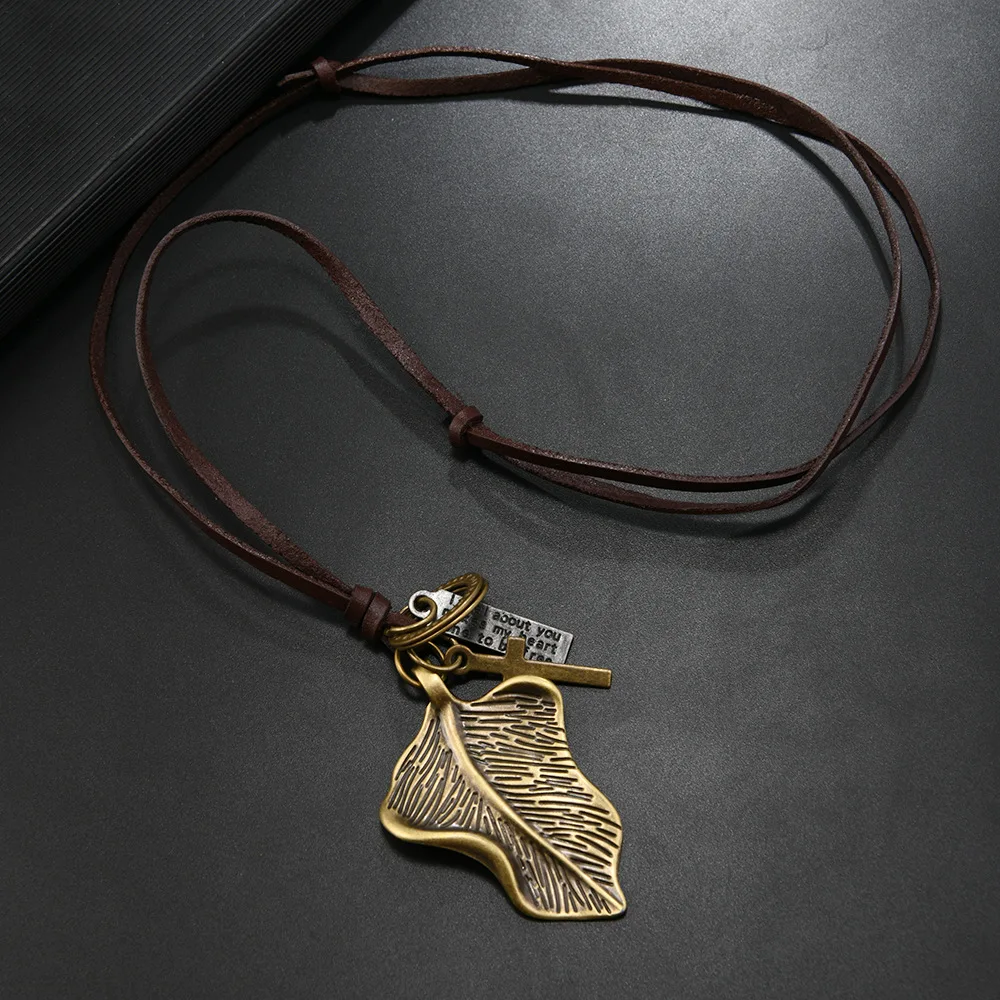 European and American cross-border new fashion cowhide necklace retro alloy special-shaped leaf jewelry adjustable men's pendant