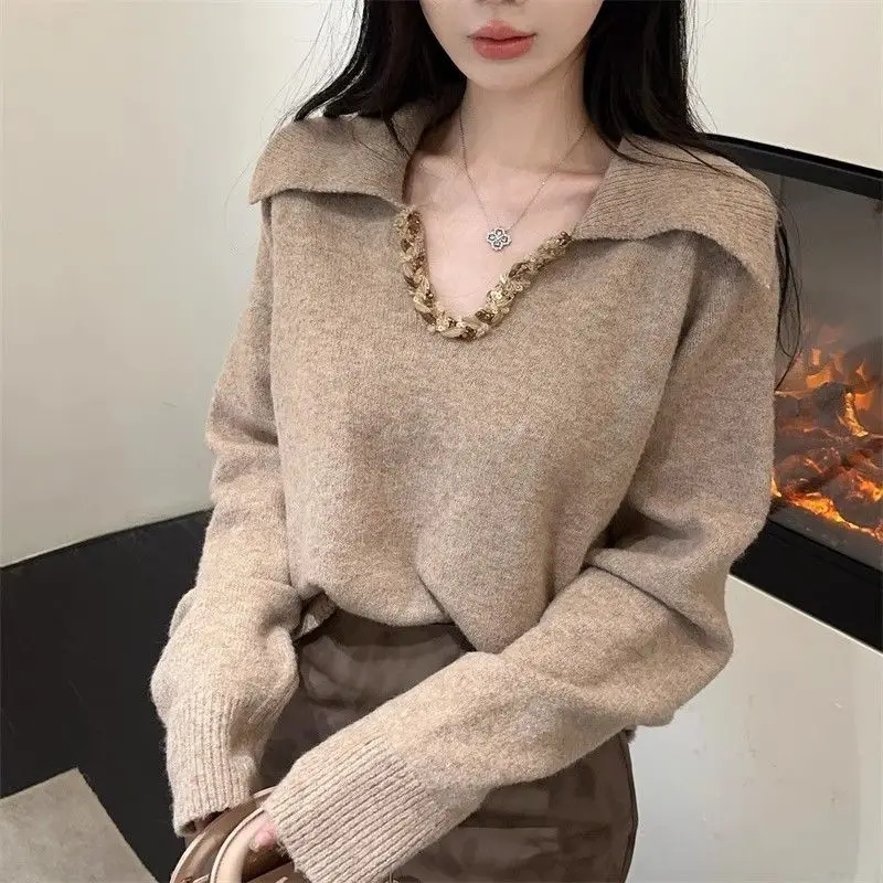 

2025 New Autumn Winter All-match Solid Color Turn-down Collar Long Sleeve Pullovers Female Fashion Loose Patchwork Loose Sweater