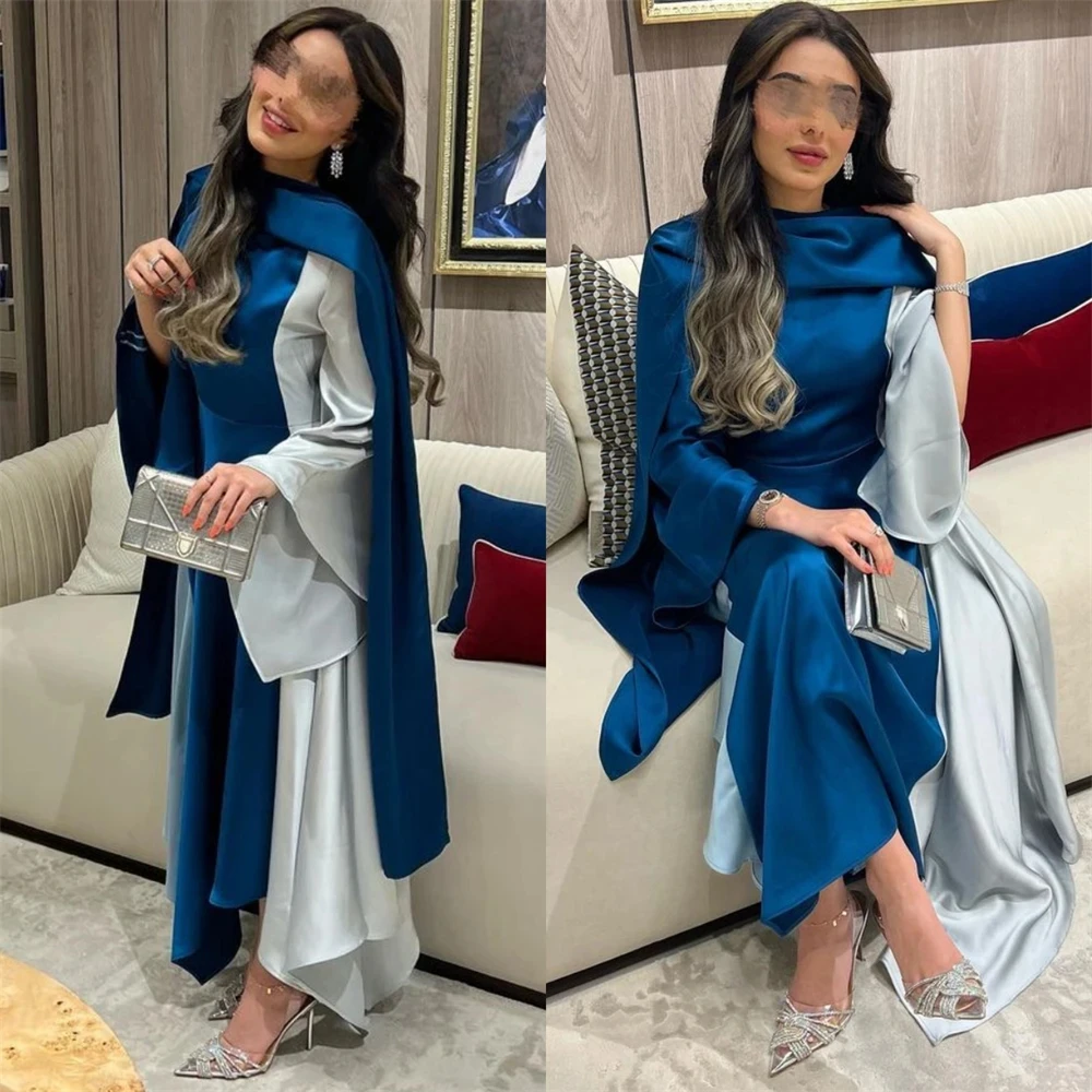 

Blue White Prom Dresses High Quality Collar Celebrity Fold Draped Satin Saudi Arabia Occasion Evening Gown dresses for women