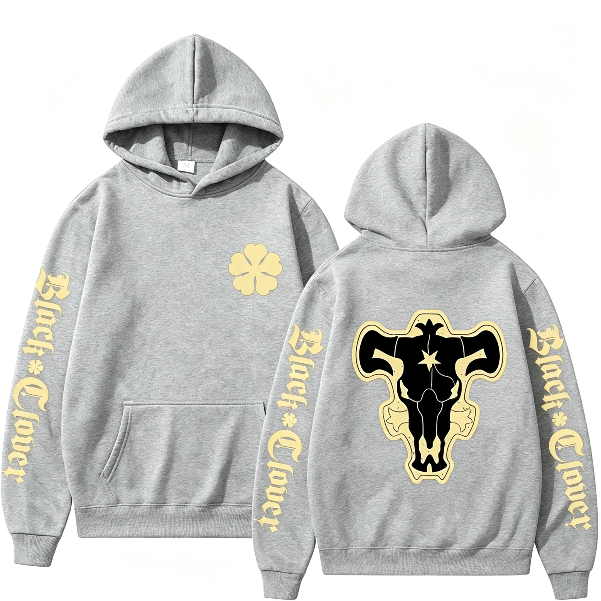 2026 Herbst Black Clover Black Bull Hoodie mit mehreren Prints, vorne mit Kleeblatt-Emblem, hinten mit Bullenschädel, Unisex, Oversized, Y2K-Hoodie – Detail 4
