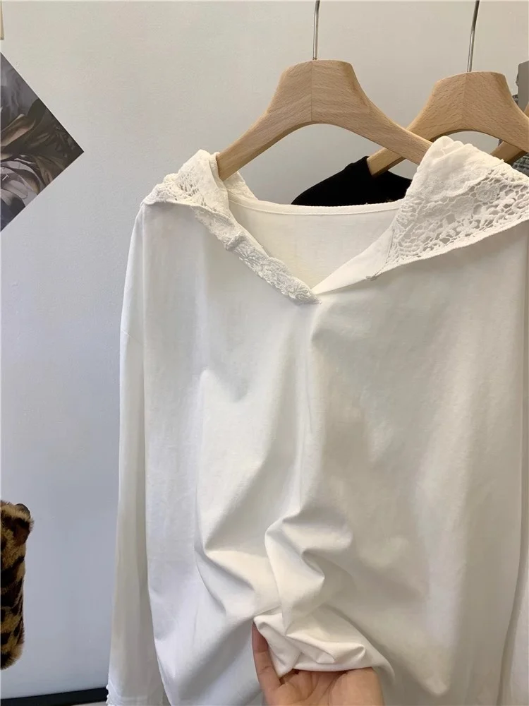 Grote Maat 300Pou Kant Splice Capuchon Faion Losse Lange Sve T irt Vrouwen Lente Koreaanse Sle Hoed irt Base irt