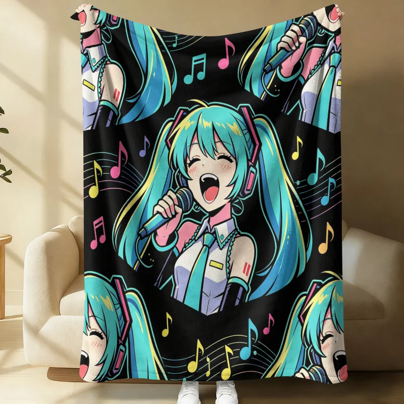 初音ミク-ロックスター-フランネルスローブランケット-アニメファンへのギフト-夏用ソフトナップスローブランケット-ソファブランケット-ベッドカバー-トラベルブランケット
