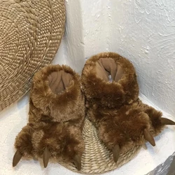 Pantoufles de patte marron moelleux avec griffes unisexes, gros animaux, chaussures en coton d'ours, toboggans de sol en peluche, intérieur, chaud, hiver, femmes, hommes