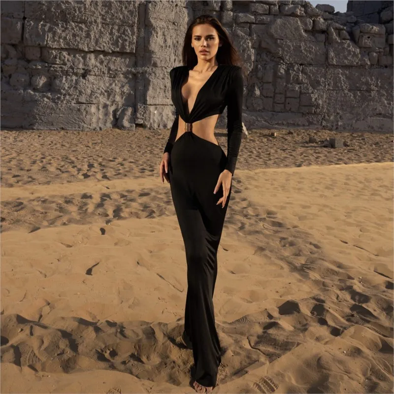 2025 femmes élégantes col en v profond à manches longues robe à la mode Sexy et Figure étreignant avec évider conception dame robe Sexy