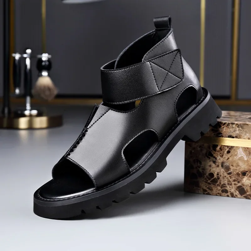 

Cow Leather Sandals for Men 2026 Summer New Designer Big Size Increase Roman Beach Shoes Male Fashion Casual Black Sandals Man