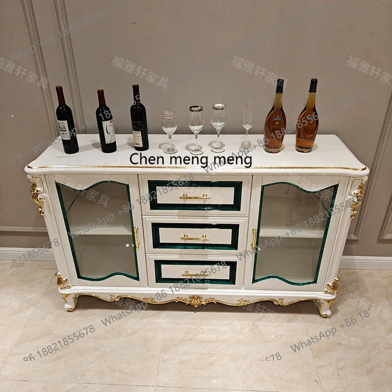 European style solid wood carved sideboard storage display cabinet ivory white gilded gold leaf glass wine cabinet