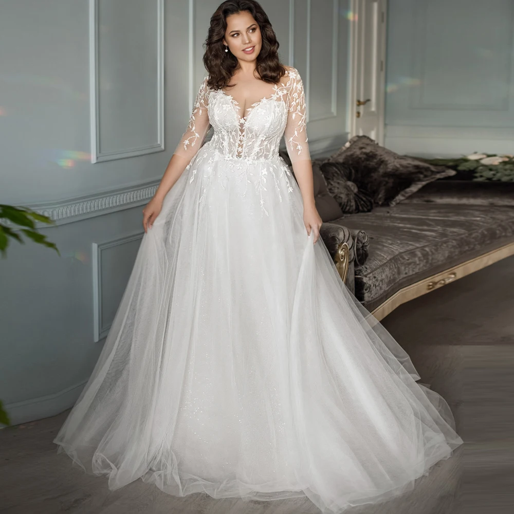 

Chic Jewel Plus Size Wedding Gown with Sleeves Custom-made A-line Tulle Lace Bridal Dress