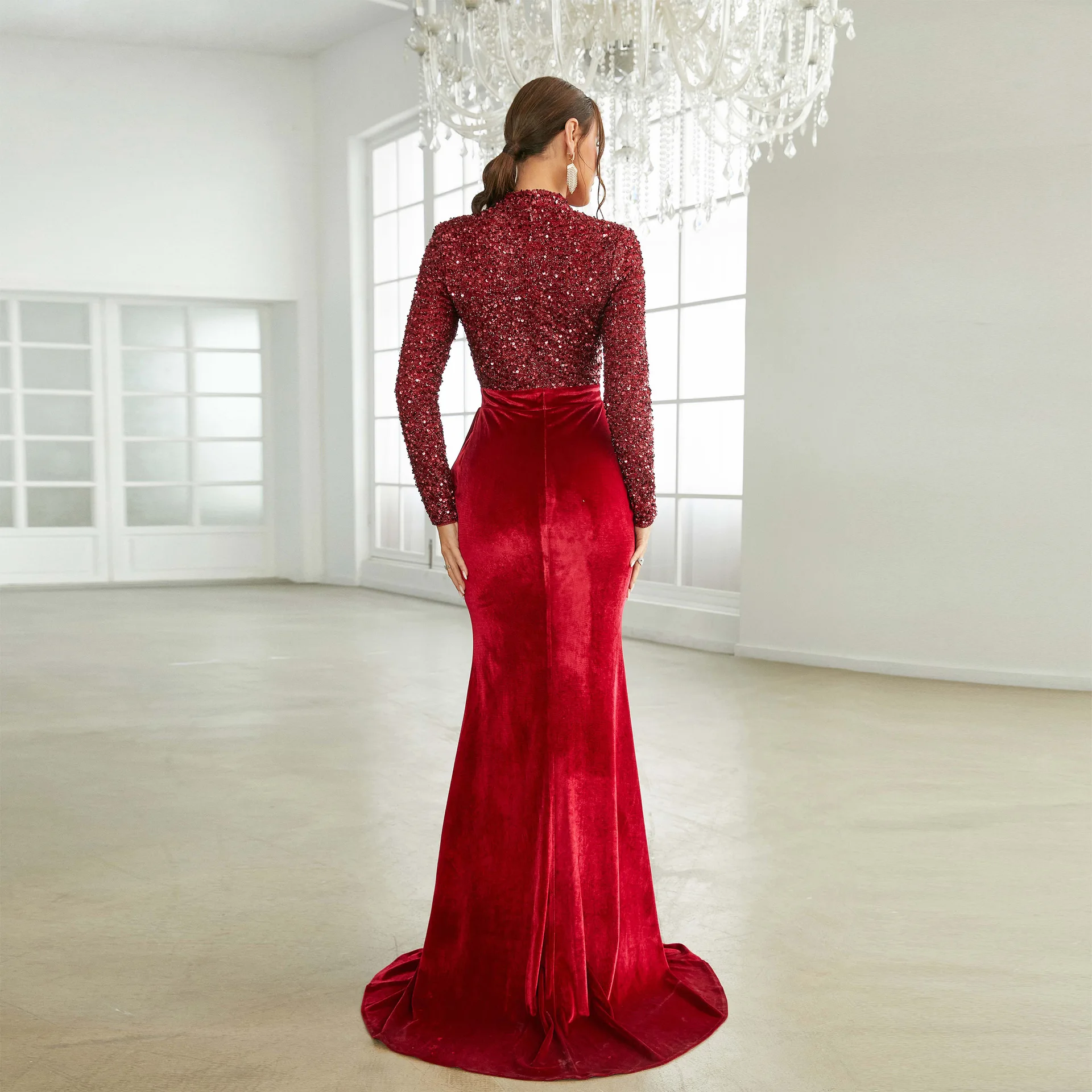 Red Velvet Sequined Evening Dresses Piano Show Ball Gown Slim Long Fashion Temperament Versatile High Neck Sexy Mermaid Skirt