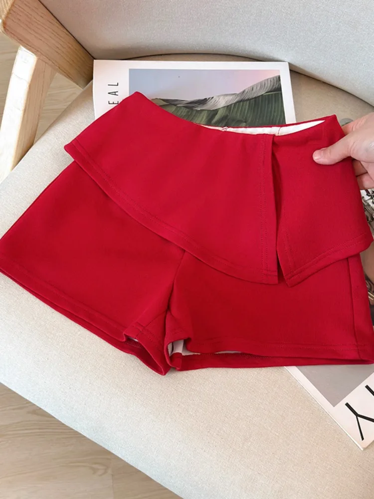 

Sporty Yoga Fitness Women's High Waist Wide Leg Pants Red A-Line Shorts Casual Summer Trousers False Two-Piece Ensemble