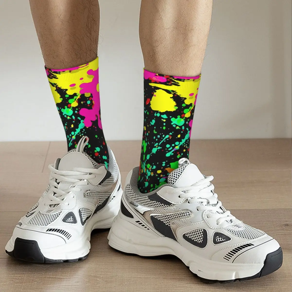 Funny Crazy Sock for Men Glow In The Dark Neon Rainbow Hip Hop Harajuku Happy Pattern Printed Boys Crew Sock Novelty Gift