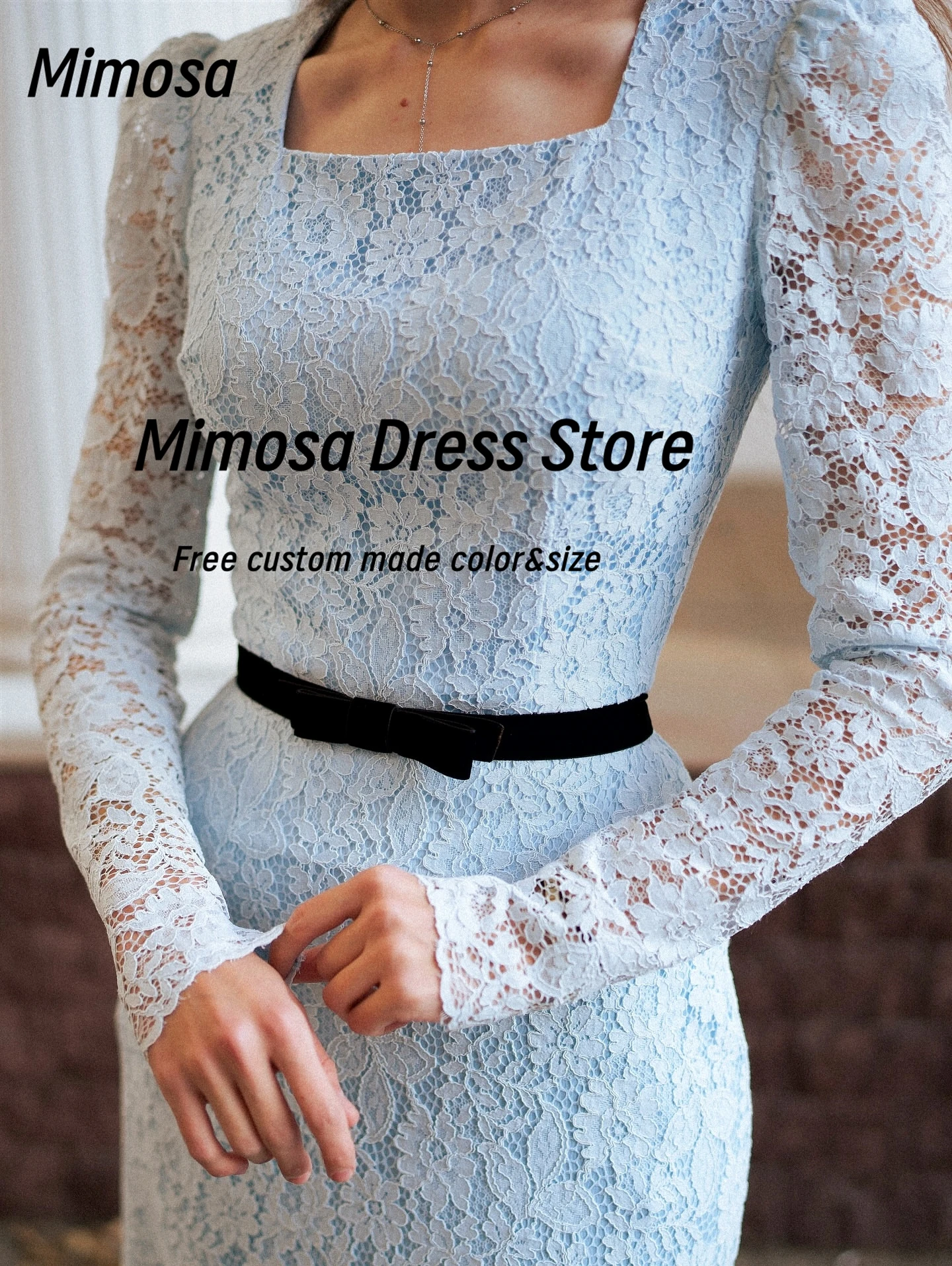 فساتين ميموسا الدانتيل الكامل للحفلات الراقصة والولائم ورقبة مربعة وأكمام طويلة فساتين سهرة بسحاب خلفي فستان زفاف العروس حسب الطلب