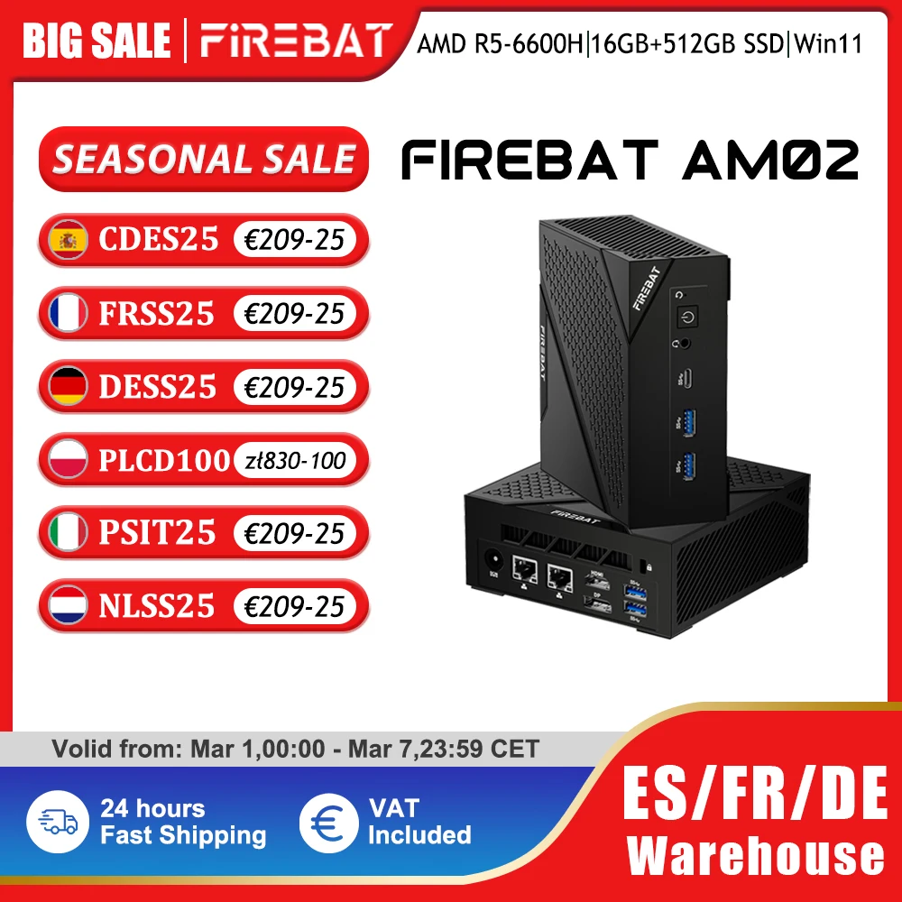 FIREBAT-MINI PC AM02, AMD Ryzen 5 6600H, DDR5, 16GB de RAM, 512GB SSD, WIFI6, BT5.2, ordenador de escritorio portátil, puerto de red HDMI
