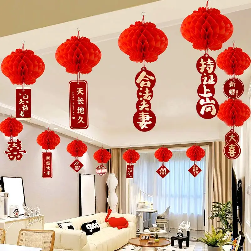結婚祝いのペンダント大きな赤い提灯結婚式の部屋の装飾田舎の庭ラテの花の装飾