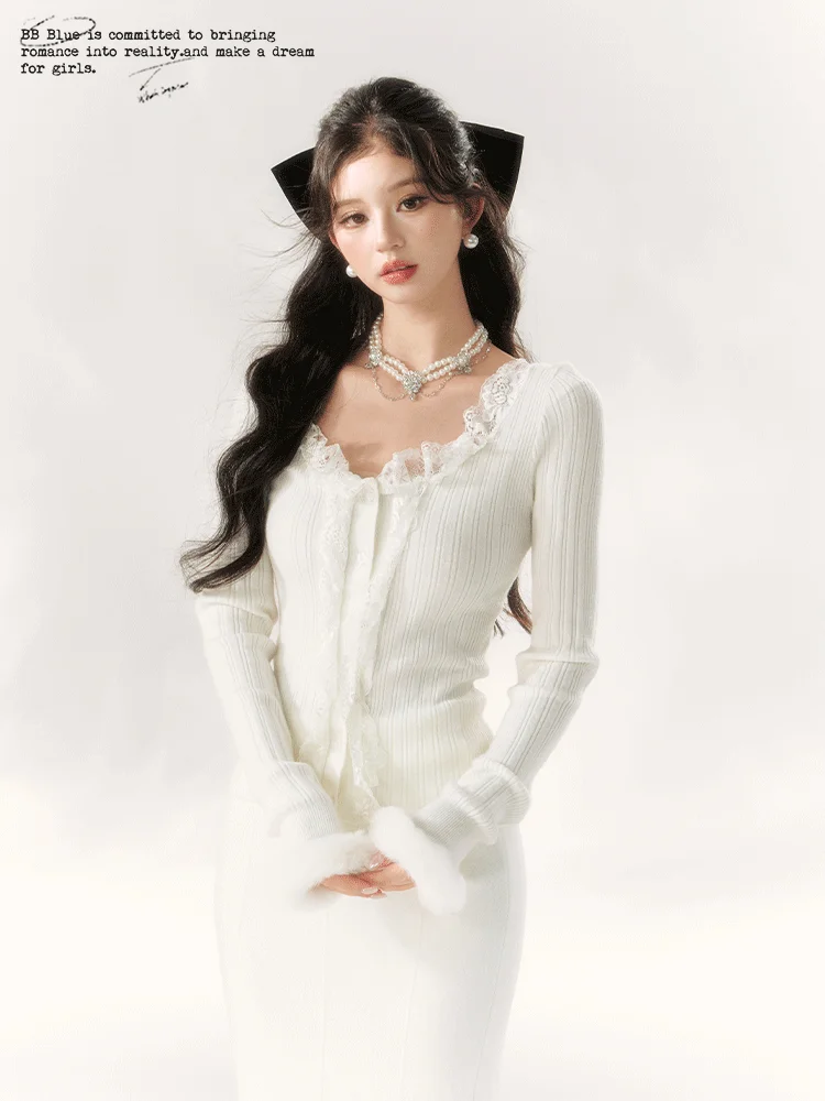 

Original Design BB BLUE Pure Desire Princ Lace Knitted Top Ele Aosphere Autumn Winter Long Sve V Ne Polyester F...