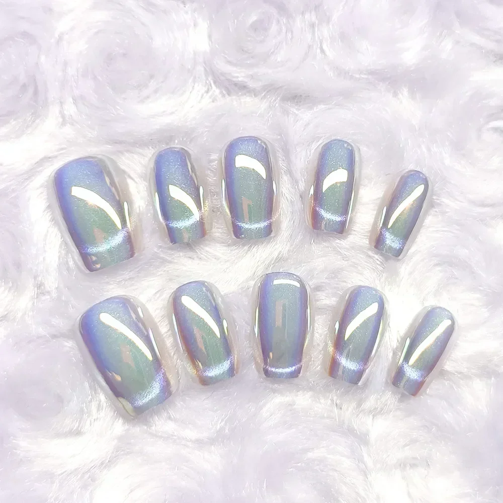 10Pcs Handmade Press on Nails Full Cover French Glitter Cat Eye Pearls Design Ballerina False Nails Manicure Wearable Nail Tips