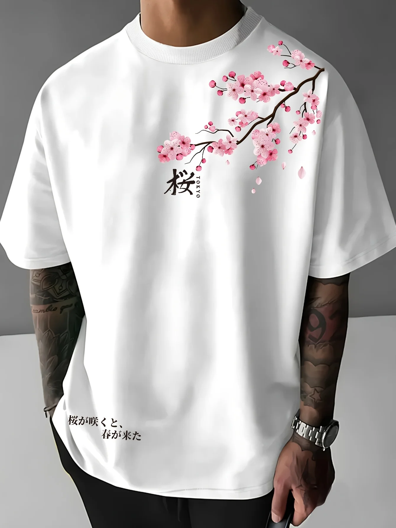 Herren Sommer-T-Shirt mit Kirschblütenmuster, Locker Geschnitten, Geeignet für Freizeitkleidung, 100% Reine Baumwolle, Trendig und Vielseitig