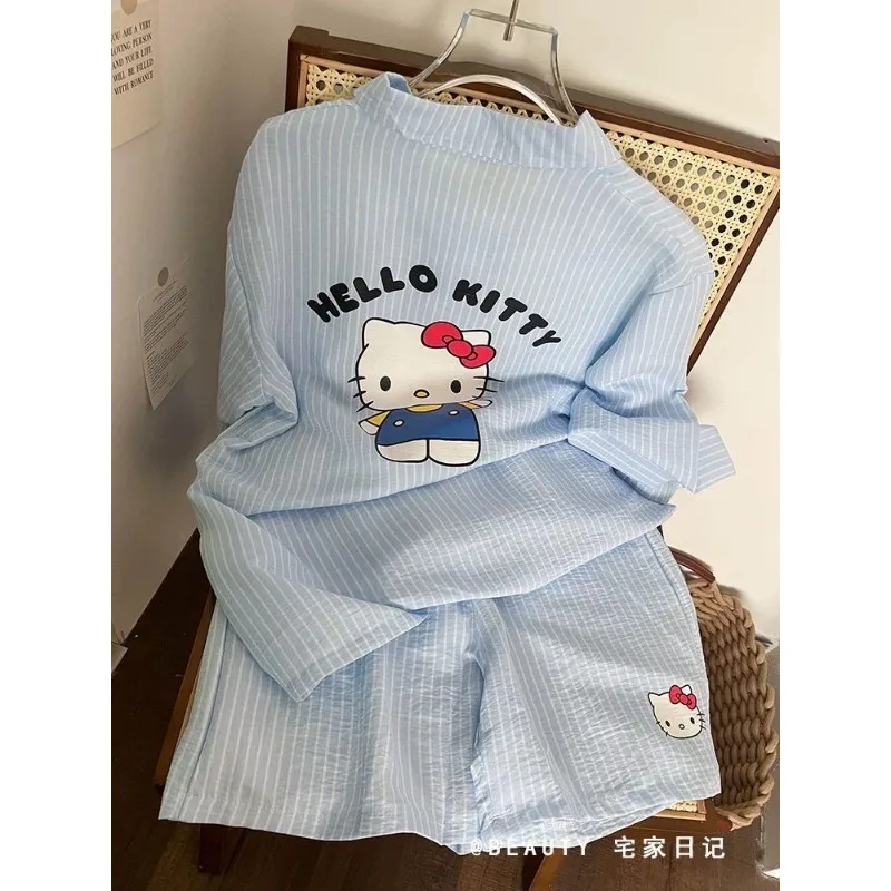 Sanrio Hello Kittys Nuovo Pigiama Estivo Simpatico Cartone Animato Stampato A Righe Allentato Retro Casual Casa Pantaloncini Spiaggia Kawaii Y2k Regalo di Festa