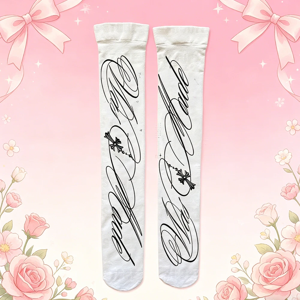 Subcultural multifunctional letter printed knee high socks street wear white Y2K women's long socks Gothic sexy long socks