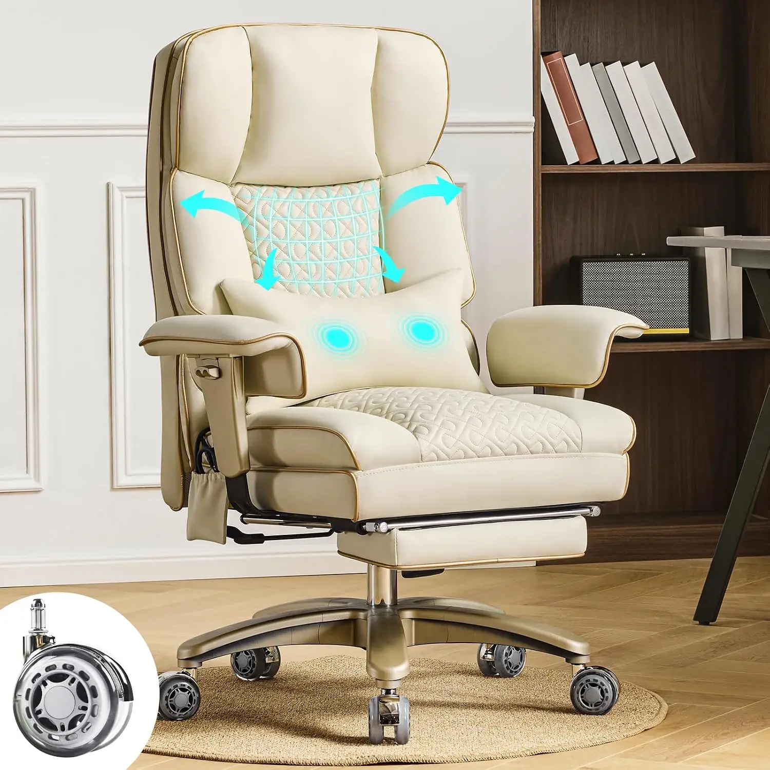 Beige Leather Office Chair High Back Executive Desk Chair Adjustable Lumbar Support Footrest Silent Wheels 360 Swivel Height Adj