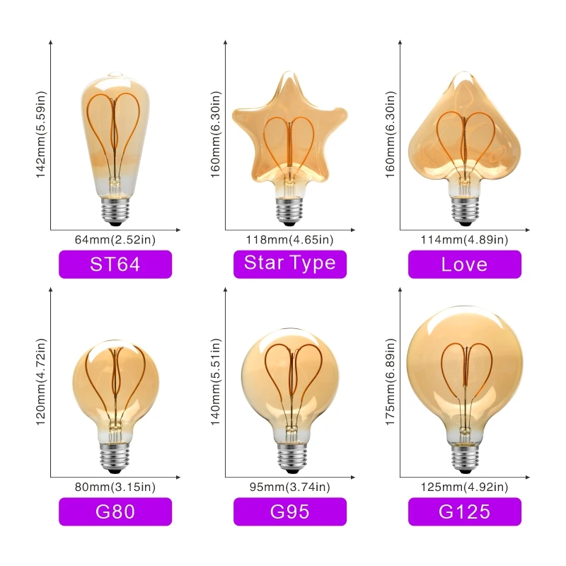 Dimmable 4W E27 Retro Edison LED Heart Filament Light Bulb Warm White 2200K 220V ST64 G80 G95 G125 Vintage Home Decoration Lamp